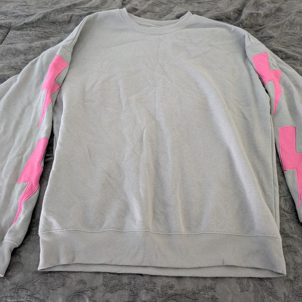 Gray Crew Neck Sweater with Pink Accents